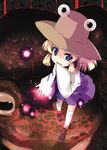  animal blonde_hair blue_eyes child covering_mouth eyes frog from_above fujy hair_ribbon hand_over_own_mouth hat looking_at_viewer looking_up moriya_suwako over-kneehighs oversized_animal ribbon sleeves_past_wrists solo thighhighs touhou white_legwear 