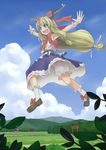  blonde_hair bloomers bow cloud day fangs giantess horns ibuki_suika kuro_oolong long_hair solo torii touhou underwear 