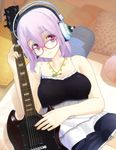  3d absurdres bespectacled glasses guitar headphones highres instrument jewelry necklace nitroplus pink_eyes purple_hair short_hair smile solo super_sonico tsuji_santa 