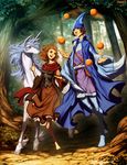  1girl barefoot blue_eyes blue_hair brown_eyes brown_hair duplicate fantasy food forest fruit genzoman hat horns molly_grue nature orange red_hair schmendrick silver_hair the_last_unicorn the_unicorn_(the_last_unicorn) tree unicorn wizard 