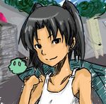  amasawa_yuuko bare_shoulders black_eyes black_hair dennou_coil jacket lowres mojo sho_ooo short_hair sketch smile solo tank_top twintails 