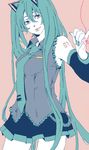 aqua_hair bad_id bad_pixiv_id detached_sleeves hatsune_miku lips long_hair necktie pinky_out red_string skirt smile solo string twintails very_long_hair vocaloid 