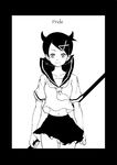  bangs black_hair dark_persona evil fuura_kafuka greyscale hair_ornament hairclip horns legs midriff monochrome navel sayonara_zetsubou_sensei school_uniform serafuku seven_deadly_sins shanghai_man short_hair simple_background skirt smile solo standing swept_bangs weapon wind wind_lift 