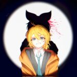  1boy aqua_necktie bandaid bandaid_on_cheek bandaid_on_face blonde_hair blood blood_splatter blue_eyes commentary different_shadow ego_renegade_boy_(vocaloid) english_commentary grey_sweater grin highres jacket kagamine_len kagamine_rin looking_ahead male_focus mole mole_under_eye necktie pandi_jd134 shirt smile solo spotlight sweater vocaloid white_shirt yellow_jacket 