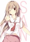  blush brown_eyes brown_hair kuwashima_rein long_hair one_eye_closed school_uniform seto_no_hanayome seto_sun skirt solo 