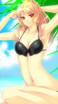  bad_id bad_pixiv_id banned_artist bikini blonde_hair breasts can cleavage fate/stay_night fate_(series) genderswap genderswap_(mtf) gilgamesh hair_ornament hairclip highres long_hair medium_breasts navel ponytail red_eyes s_tanly solo swimsuit 