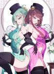  2girls absurdres back-to-back black_hat black_thighhighs breasts brown_hair china_dress chinese_clothes commentary_request dress folded_ponytail from_side green_dress green_eyes green_hair hand_fan hat highres large_breasts locked_arms looking_at_viewer multiple_girls nishida_satono open_mouth pelvic_curtain pink_dress pink_eyes raptor7 side_slit smile teireida_mai thighhighs touhou 