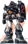  1970s_(style) 1980s_(style) cable commentary_request gouf gundam mecha mecha_focus mobile_suit mobile_suit_gundam no_humans official_art one-eyed ookawara_kunio production_art promotional_art prototype_design retro_artstyle robot scan science_fiction shield shoulder_spikes signature spikes traditional_media zeon 
