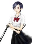  black_hair blood+ bow katana otonashi_saya red_eyes scabbard school_uniform sheath short_hair skirt solo sword weapon xyl 