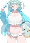  1girl absurdres ahoge aqua_hair aqua_jacket ball beachball bikini blue-tinted_eyewear blue_archive blush breasts cleavage closed_eyes commentary cosplay cowboy_shot doyagao frilled_bikini frills halo highres holding holding_ball holding_beachball holding_removed_eyewear hoshino_(blue_archive) hoshino_(blue_archive)_(cosplay) hoshino_(swimsuit)_(blue_archive) huge_ahoge jacket korean_commentary large_breasts long_hair navel open_clothes open_jacket ruffle_bikini simple_background smile smug solo stomach swimsuit tinted_eyewear tomid unworn_eyewear very_long_hair white-framed_eyewear white_background white_bikini yume_(blue_archive) 