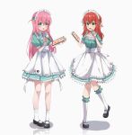  2girls absurdres alternate_costume apron aqua_dress black_shoes blue_bow blue_bowtie blue_eyes blush bocchi_the_rock! bow bowtie choppy_bangs commentary cube_hair_ornament dress frilled_apron frilled_socks frills full_body gotoh_hitori green_eyes hair_ornament highres holding holding_stylus holding_tablet_pc kita_ikuyo kneehighs long_hair looking_at_viewer maid_headdress mary_janes matching_outfits multiple_girls one_side_up open_mouth pink_hair pleated_dress red_hair reflection shoes short_sleeves simple_background socks standing stylus summerwood_000 tablet_pc waist_apron white_apron white_background white_socks 