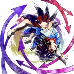  1girl :p arrow_(symbol) arrow_print back_bow barefoot black_dress black_hair blue_bow blue_bowtie bow bowtie bracelet commentary dress full_body grey_horns highres horns jewelry kijin_seija looking_at_viewer multicolored_dress multicolored_hair print_dress red_dress red_eyes red_hair shadow small_horns smile solo streaked_hair toes tongue tongue_out touhou white_dress yuya_(euky8335) 