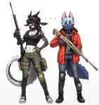 absurd_res aewolnan anthro canid canine chabett dragon duo female female/female fox gun hi_res mammal mythological_creature mythological_scalie mythology pgm300 ranged_weapon scalie weapon