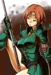  aelia armor green_eyes highres nukkoru polearm red_hair short_hair sitting solo spear tiara valkyrie_profile weapon 