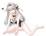  1girl absurdres bare_shoulders black_leotard breasts chocolate chocolate_on_body chocolate_on_breasts cleavage commentary_request firefly_(honkai:_star_rail) food food_on_body full_body grey_hair highres holding holding_chocolate holding_food honkai:_star_rail honkai_(series) leotard long_hair medium_breasts mouth_hold niwashi_nero purple_eyes simple_background solo strapless strapless_leotard white_background 
