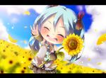  aqua_hair bow chibi flower hair_bow hair_ribbon hatsune_miku ribbon smile solo sunflower tottsuan twintails vocaloid 