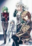  4girls akechi_gorou aotsuki_eito black_gloves black_jacket black_necktie black_pants black_skirt black_suit black_thighhighs blazer brown_hair brown_jacket coat collarbone commentary_request crossover curly_hair danganronpa_(series) danganronpa_2:_goodbye_despair formal_clothes genderswap genderswap_(mtf) glasses gloves green_hair green_jacket grey_hair hair_ribbon hand_in_pocket highres jacket kimi_ga_shine komaeda_nagito kurenaikiyumi long_sleeves looking_at_viewer low_ponytail midori_(kimi_ga_shine) miniskirt multiple_girls necktie pants persona persona_5 pleated_skirt polka_dot polka_dot_scarf ponytail print_shirt red_scarf ribbon scarf school_uniform shirt shuujin_academy_school_uniform sitting skirt smile standing striped_clothes suit suit_jacket the_hundred_line_-last_defense_academy- thighhighs vertical-striped_clothes vertical-striped_necktie white_coat white_hair white_pants white_shirt 