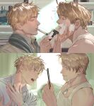  2boys absurdres ahoge america_(hetalia) axis_powers_hetalia bare_shoulders bathroom bed bedroom blanket blonde_hair blue_eyes closed_eyes closed_mouth collarbone collared_shirt curtains day fingernails from_side half-closed_eyes hand_mirror hand_on_another's_chin hand_on_own_chest hands_up highres holding holding_mirror implied_yaoi indoors jewelry looking_at_another looking_at_mirror male_focus mirror mixed-language_commentary multiple_boys multiple_views muscular muscular_male necklace open_mouth pillow shaving_brush shaving_cream shirt short_hair sky sleepy smile sparkle sunlight tank_top teeth tongue toothbrush toothbrush_in_mouth towel towel_around_neck united_kingdom_(hetalia) upper_body v-shaped_eyebrows white_shirt white_sky white_tank_top zhongerweiyuan 