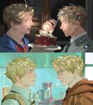  2boys absurdres ahoge america_(hetalia) apron axis_powers_hetalia balcony bedroom birthday birthday_cake black_sky blonde_hair blue_eyes blue_shirt blush book book_stack bow box brown_apron brown_hoodie cabinet cake candle closed_eyes closed_mouth collared_shirt commentary_request confetti crying crying_with_eyes_open day english_text fingernails food formal_clothes from_side gift gift_box glasses green_eyes green_necktie grey-framed_eyewear grey_jacket half-closed_eyes hand_up happy happy_birthday highres holding holding_food holding_plate hood hoodie icing implied_yaoi indoors jacket kitsune lapels looking_at_another male_focus mixed-language_commentary mixing_bowl mixing_console multiple_boys multiple_views necktie night plate railing red_bow sad semi-rimless_eyewear shadow shirt short_hair sky smile stuffed_animal stuffed_toy suit suit_jacket table tears teddy_bear teeth tongue tree united_kingdom_(hetalia) upper_body white_shirt white_sky window zhongerweiyuan 