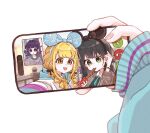  3girls animal_ear_hairband animal_ears blonde_hair blush bob_cut braid cellphone cellphone_photo commentary empty_eyes fake_animal_ears feeding female_pov fingernails fujita_kotone gakuen_idolmaster green_hair hair_flaps hairband hataya_misuzu holding holding_churro holding_phone idolmaster maashiiya mouse_ears multiple_girls phone pov pov_hands purple_hair simple_background smartphone smile tsukimura_temari tucking_hair twin_braids video_call white_background 