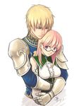  1girl armor blonde_hair blue_eyes dan_(kumadan) fantasy_earth_zero glasses hug pink_hair purple_eyes 