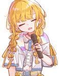  1girl blonde_hair braid closed_eyes commentary_request crop_top fujita_kotone gakuen_idolmaster hair_ribbon head_tilt highres holding holding_microphone idol_clothes idolmaster jacket maashiiya microphone midriff navel official_alternate_costume open_clothes open_jacket open_mouth ribbon sekaiichi_kawaii_watashi_(idolmaster) simple_background solo twin_braids upper_body white_background white_ribbon wireless_microphone 