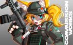  1girl absurdres animal_ear_fluff animal_ears baseball_cap black_gloves blonde_hair blue_eyes collared_shirt commentary commission ears_through_headwear english_commentary fang finger_on_trigger fingerless_gloves gloves goggles grey_background grey_hat grey_jacket gun hair_through_headwear hand_up hat highres holding holding_gun holding_weapon iwasawayuki jacket looking_at_viewer open_mouth original shirt small_sweatdrop solo sweat thick_eyebrows twintails upper_body weapon weapon_request white_shirt 