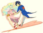  021 1boy 1girl blue_hair couple dress earrings heart hetero holding_hands jacket jewelry long_hair multicolored_hair nia_teppelin pink_dress simon tengen_toppa_gurren_lagann two-tone_hair 