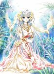  animal armband barefoot bird blue_background blue_eyes blue_hair bracelet dove dress earrings flower hair_flower hair_ornament jewelry long_hair looking_at_viewer midriff navel necklace original plant shiina_satsuki signature sitting skirt solo strapless strapless_dress very_long_hair 