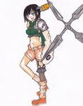  armor blue_eyes bob_cut final_fantasy final_fantasy_vii fingerless_gloves fishnets gloves headband highres loose_socks marker_(medium) midriff open_fly sasaki_aya short_hair shorts shuriken sleeveless sleeveless_turtleneck smile socks solo traditional_media turtleneck unzipped yuffie_kisaragi 