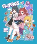  3girls :d ;) black_overskirt blazer blonde_hair blue_skirt braid brown_hair burger coat commentary_request food fujita_kotone full_body gakuen_idolmaster green_hair grey_coat group_name hair_rings hanami_saki hatsuboshi_gakuen_school_uniform highres holding holding_burger holding_food idolmaster jacket looking_ahead maashiiya multicolored_jacket multiple_girls one_eye_closed outline pink_jacket plaid_clothes plaid_skirt pointing re;iris_(idolmaster) school_uniform skirt smile super_stamina_drink_(gakuen_idolmaster) traffic_light tsukimura_temari twin_braids ufo white_outline 