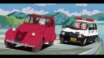 3girls absurdres ahoge akechi_anna antenna_hair black_dress border bow car castle_of_cagliostro citroen citroen_2cv commentary dress driving green_eyes grey_border hair_bow hair_intakes highres honda honda_today kobayashi_mikuru long_hair long_sleeves lupin_iii meitantei_precure! moria_luluka motor_vehicle multiple_girls orange_hair outdoors parody pink_shirt police_car precure purple_hair scene_reference shirt short_hair sky taiho_shichauzo vg20_96 