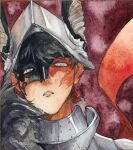  1boy animal_ear_helmet animal_helmet armor black_hair black_mask burn_scar commentary eye_mask grey_eyes hakamori_shishamo half_eye_mask highres j_(reverse:1999) j_(the_lone_wolf's_howl)_(reverse:1999) male_focus mask mask_over_one_eye official_alternate_costume painting_(medium) parted_lips portrait red_background reverse:1999 scar scar_on_face short_hair solo traditional_media watercolor_(medium) 