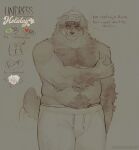 absurd_res anthro arm_hair band-aid band-aid_on_face bandage bandage_on_face beanie belly body_hair bottomwear canid canine canis cerberussenn chest_hair clothing dialogue domestic_dog dreadlocks ear_piercing english_text facial_hair floppy_ears fur goatee hairy_hands happy_trail hat headgear headwear hi_res holding_arm like_goal livestock_guardian_dog louie_sweeto_(cerberussenn) male mammal markings mole_(marking) molosser monochrome mountain_dog musclegut muscular mustache nervous pants pastoral_dog piercing pink_eyes pubes retweet_goal ring rj_holiday_(cerberussenn) sepia shy signature snaggle_teeth solo strip_meme stubble sweatpants tail tail_motion tailwag text tibetan_mountain_dog underwear white_body white_fur wolf