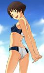  arms_behind_back ass bad_id bad_pixiv_id bikini brown_eyes brown_hair day gake_no_ue_no_ponyo hands hands_clasped jas lisa_(ponyo) looking_back mature open_mouth own_hands_together short_hair sky solo swimsuit 