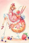  blueberry cherry dress food fruit hat heart iinuma_chika original parfait pink_dress pocky raspberry sitting solo strawberry strawberry_pocky sweets top_hat traditional_media watercolor_(medium) 