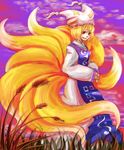  ankoku4649 blonde_hair fox_tail grass hat multiple_tails short_hair smile solo tail touhou yakumo_ran 