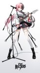  1girl absurdres belt black_belt black_hair black_nails black_skirt clenched_teeth collared_shirt commentary_request copyright_name cropped_shirt floating_hair full_body guitar highres holding holding_guitar holding_instrument holding_plectrum instrument long_hair long_sleeves looking_at_viewer muchi2p multicolored_hair pink_hair pink_nails pink_skirt plectrum shirt simple_background skindentation skirt smile solo split-color_hair standing tachibana_hinano teeth thighhighs two-tone_hair two-tone_skirt very_long_hair virtual_youtuber vspo! white_belt white_shirt white_thighhighs zettai_ryouiki 
