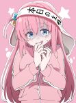  1girl blue_eyes blush bocchi_the_rock! breasts commentary_request cube_hair_ornament gotoh_hitori hair_ornament ixy jacket large_breasts looking_at_viewer one_side_up open_mouth pink_background pink_hair pink_jacket solo star_(symbol) track_jacket translation_request 