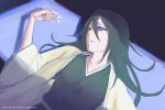  1girl black_hair bleach bleach:_epilogue blue_eyes commentary english_commentary flower hair_between_eyes haori highres holding holding_flower japanese_clothes jcell kuchiki_rukia long_hair lying mixed-language_commentary on_back shihakusho solo taichou_haori upper_body watermark white_haori wide_sleeves 