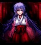  detached_sleeves hakama hanyuu highres higurashi_no_naku_koro_ni horns japanese_clothes long_hair purple_eyes purple_hair red_hakama sasaki_ryou solo very_long_hair 