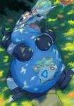  aggron blanket claws closed_eyes commentary_request floette full_body grass head_wreath highres no_humans nose_bubble open_mouth outdoors pokemon pokemon_(creature) sleeping sleeping_on_pokemon togepi yamachi_nosuke 