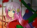  1girl aqua_eyes bad_id bad_pixiv_id blood blood_stain bloody_weapon crying crying_with_eyes_open empty_eyes enbizaka_no_shitateya_(vocaloid) evillious_nendaiki face flower hair_ornament japanese_clothes kaito kimono kurei_(alicesiro) long_hair megurine_luka miroku_kai pink_hair scissors silhouette smile sudou_kayo tears vocaloid weapon 