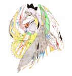  1girl 939m arm_cannon atom bird_wings bow collared_shirt colored_pencil colored_pencil_(medium) commentary control_rod_(touhou) english_commentary feathered_wings frilled_shirt_collar frills green_eyes highres long_hair orange_nails partially_colored pencil reiuji_utsuho shirt skirt solo third_eye third_eye_on_chest touhou traditional_media weapon wings yellow_skirt 