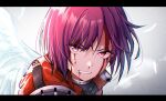  1girl blood blood_from_forehead blood_on_face clenched_teeth feathers heaven_burns_red highres purple_hair red_eyes rrtp short_hair teeth tezuka_saki wings 