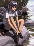  barefoot black_hair dress_shirt feet hair_bobbles hair_ornament highres hosimo multiple_girls nature one_eye_closed open_mouth original panties pantyshot school_uniform shirt shoes skirt sock_pull socks twintails underwear undressing wading water 