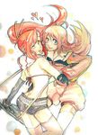  2girls bikini_top blue_eyes braid butt_crack company_connection crossover gainax gun hair_ornament heart long_hair multiple_girls nono_(top_wo_nerae_2!) pink_hair red_hair scarf short_shorts shorts striped striped_scarf tengen_toppa_gurren_lagann thighhighs top_wo_nerae_2! traditional_media watercolor_(medium) weapon yellow_eyes yoko_littner 