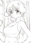  animal_ears bare_shoulders blush dog_ears exercise gertrud_barkhorn gochou_(kedama) greyscale hand_on_hip looking_back midriff monochrome navel sketch solo strike_witches sweat tank_top twintails world_witches_series 