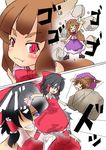  &gt;_&lt; aodu_fumiyoshi black_hair blue_eyes blush blush_stickers bow brown_hair closed_eyes fang hakurei_reimu highres horns ibuki_suika long_hair minigirl multiple_girls one_eye_covered red_eyes short_hair smile touhou touhou_ningyougeki 