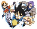  1girl 2boys backpack bag bandana belt black_eyes black_gloves black_hair black_shirt blue_eyes brown_gloves closed_mouth commentary_request dougi dragon_ball dragon_ball_gt fingerless_gloves gloves jacket multiple_boys open_clothes open_jacket open_mouth orange_bandana pan_(dragon_ball) pants purple_hair red_shirt shino_(2919) shirt shoes simple_background son_goku spiked_hair teeth trunks_(dragon_ball) upper_teeth_only white_background wristband 